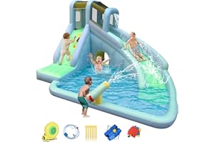 RETRO JUMP Bounce House,Inflatable Water Slide for Kids,6 in 1 Waterslide for Indoor Outdoor,Inflatable Water Park with Large Slide,Climbing Wall,Splash Pool,Water Cannon,Blower for Backyard Party