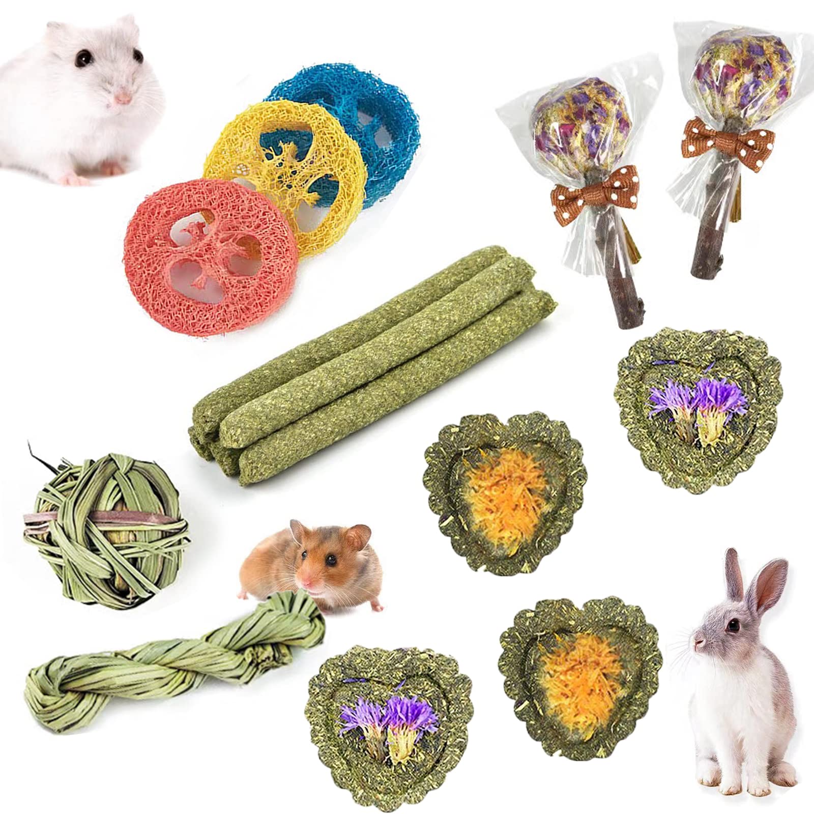 Rabbit Chew Toys for Teeth, FIPASEN 16PCS Natural Timothy Hay Chew Toy, Improve Dental Health for Bunny/Chinchilla/Guinea Pig/Hamsters/Holland Lop, Small Rodent Pet Molar Teeth Treats Toys