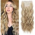 REECHO Clip in Hair Extensions, 4PCS Hair Extensions 24" Thick Long Beach Waves hair extensions HE003 Invisible Lace Weft – Medium Blonde with Blonde Highlights