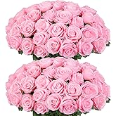 Ouddy Decor 50 Pcs Fake Roses Artificial Flowers Bulk Real Touch Velvet Silk Flowers with Long Stems for Wedding Bridal Bouquet DIY Table Centerpiece Arrangement Valentines Gifts Home Decor, Pink