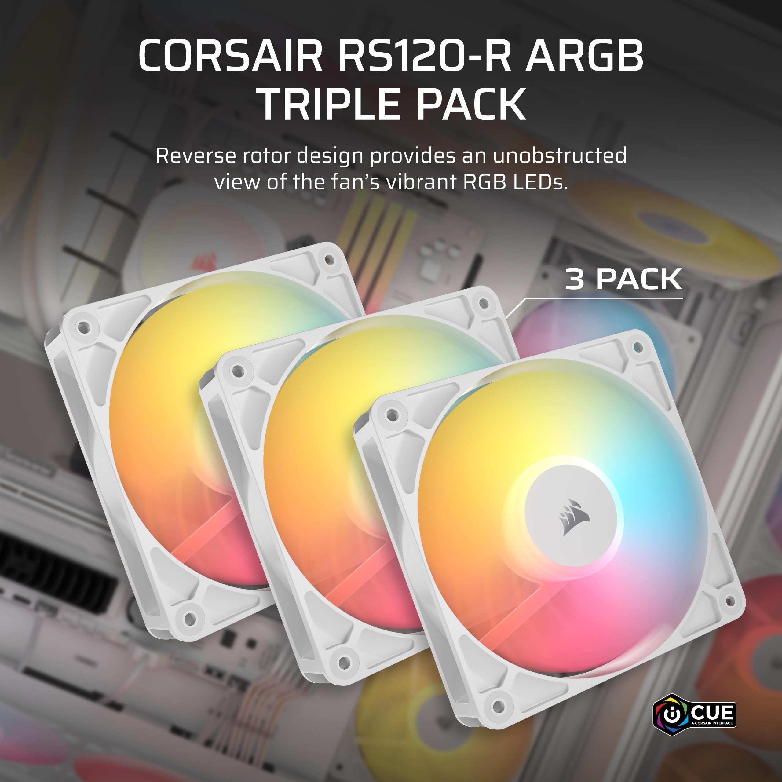 Corsair RS120-R ARGB 120mm PWM ARGB Reverse Fans – Reverse Rotor, +5V ARGB Connections, Eight RGB LEDs, High Static Pressure, Daisy-Chain, Magnetic Dome Bearing, Zero RPM Mode – Triple Pack – White