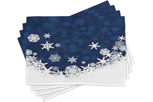 Lunarable Snowflake Place Mats Set of 4, Winter Theme Christmas Illustration Cold Weather Season Inspired Celebration, Washable Fabric Placemats for Dining Table, Standard Size, White Indigo