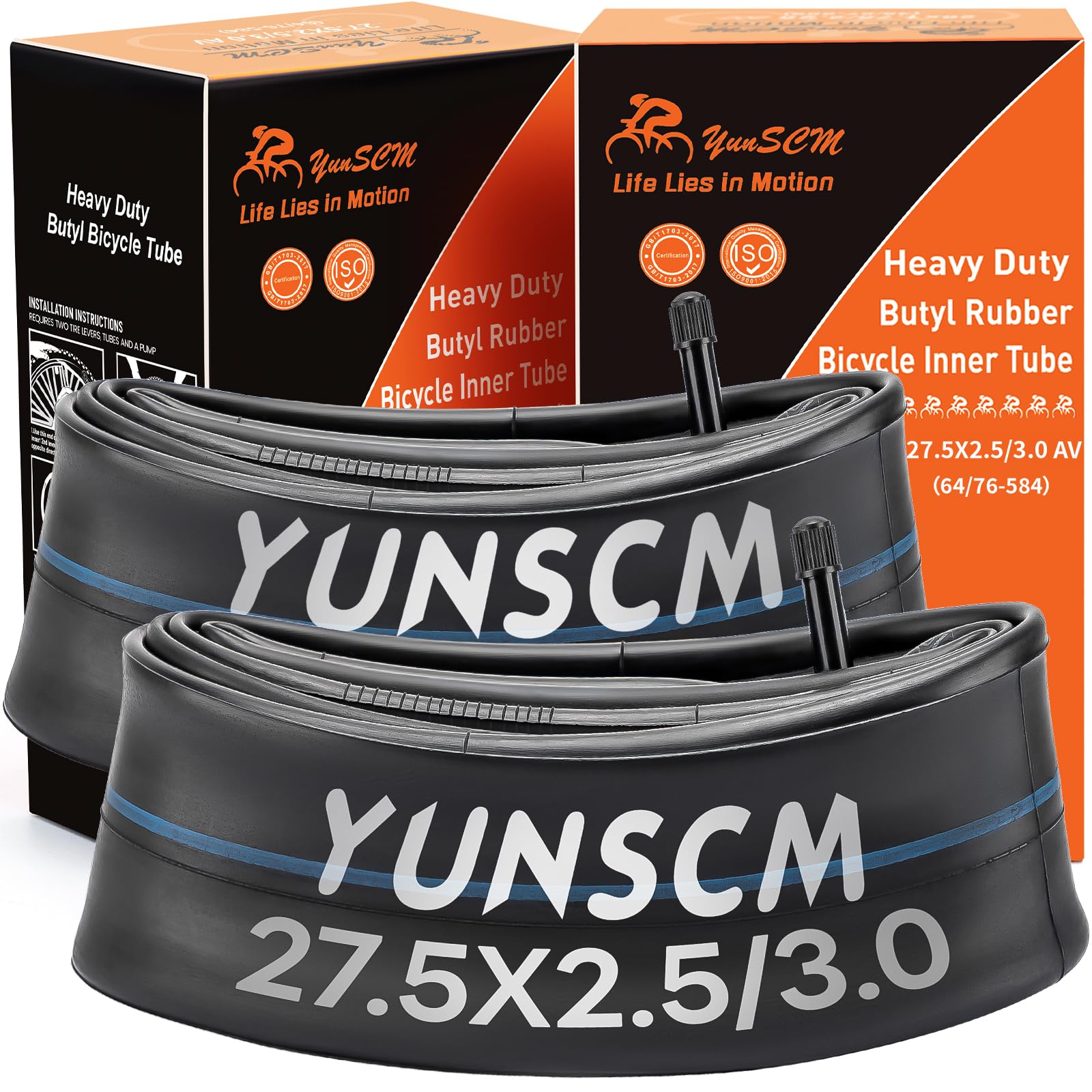 YunSCM 2-PCS 27.5" Heavy Duty Bike Tubes 27.5x2.50 27.5x2.60 27.5x2.80 27.5x3.0 ETRTO 62/75-584 AV32mm Schrader Valve Compatible 27.5x2.50/2.60/2.80/3.0 MTB/Road Bike Tyre Tubes
