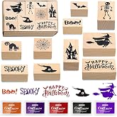 Woanger 15 Pcs Halloween Wooden Rubber Stamps and Craft Ink Pads Craft Card Pads Wooden Rubber Stamp for Scrapbooking DIY Stamps Paper Wood Fabric Halloween Holiday