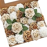 Ling's moment Artificial Flowers 25Pcs Gold Roses Decor w/Stems,3" Real Touch DIY Foam Floral for Wedding Bouquet/Centerpiece
