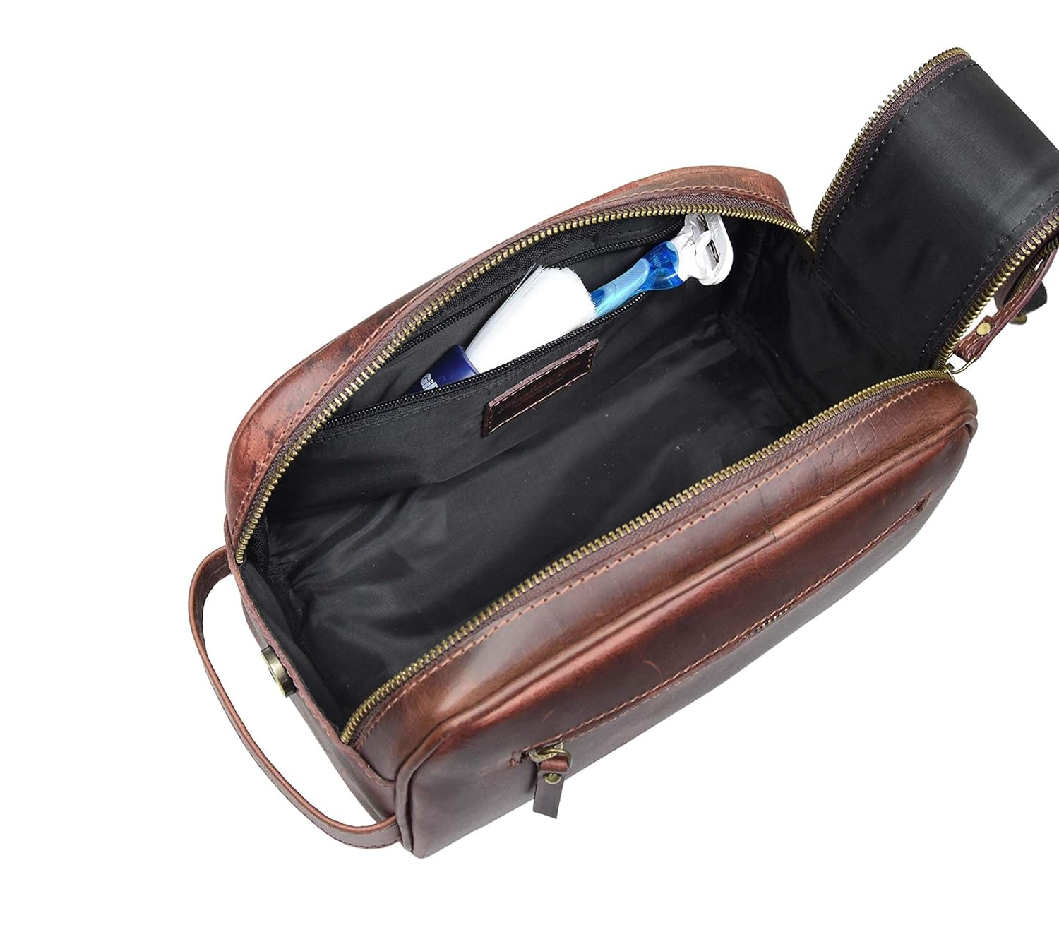 10" Premium Leather Toiletry Travel Pouch With Waterproof Lining | King-Size Handcrafted Vintage Dopp - Kit ~ Gift for Father's Day By Aaron Leather Goods (Dark Brown) : Beauty