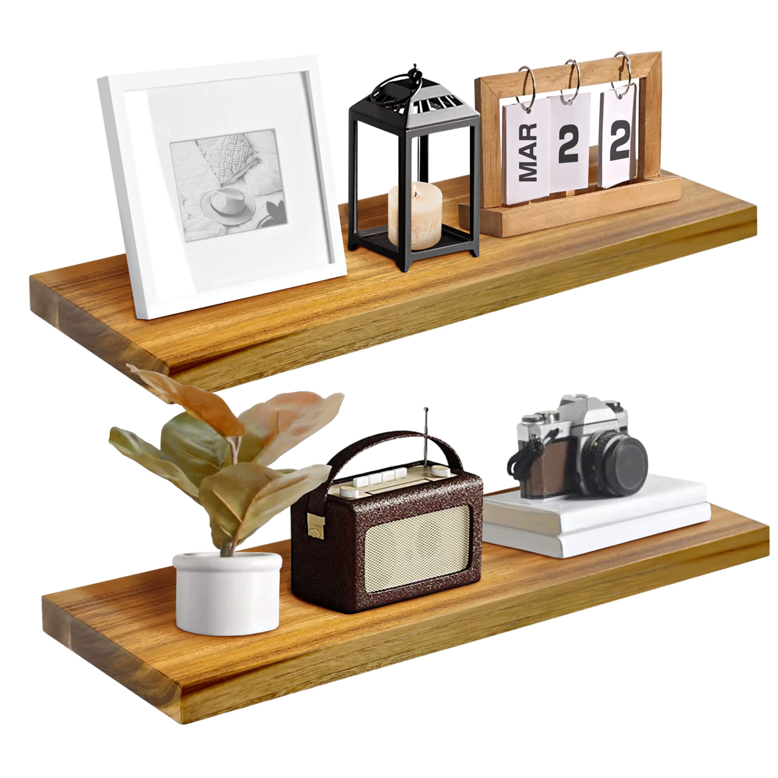 Photo 1 of *** FACTORY SEALED*** ILOT Teak Wood Floating Shelves Perfect for Bathroom Décor Pack of 2 Wooden Wall Shelves for Bedroom Living Room Kitchen Simple Minimalist Home Décor 24” x 6.7