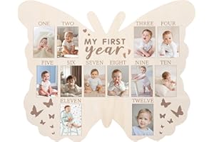 RANERVZ My First Year Photo Display Sign for 12 Months Wooden One Year Birthday Butterfly Picture Frame Milestone Monthly Board Baby 1st Birthday Nursery Decorations Baby Keepsake Nursery Decor Gift