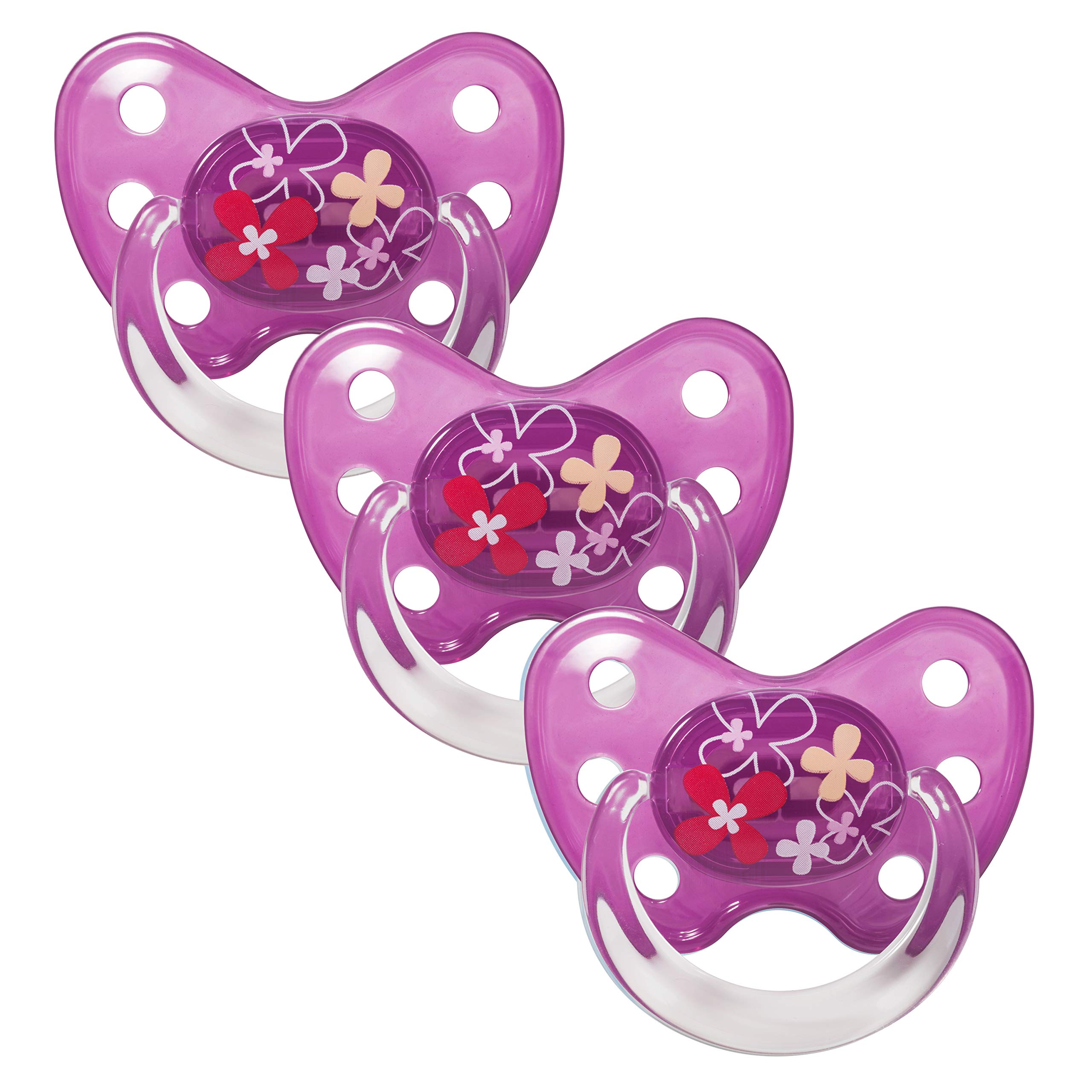 dentistar Silicone Soother Set of 3 - Size 3, from 14 Months - Tooth and Jaw Friendly Silicone Soother with Dental Step - BPA Free - Made in Germany - Flowers, Purple