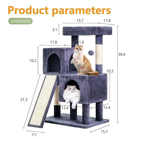 FDW CAT TREE FOR INDOOR CATS 36 INCHES CAT TOWER MULTI-LEVEL INDOOR CAT PLAY CONDO HOUSE WITH SCRATCHING POSTS, SPACIOUS PERCH, SISAL POSTS AND DANGLING TOYS (DARK GREY)