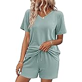 Ekouaer Womens Pajama Sets Short Sleeve Knit Lounge Set 2 Piece Pj Sets for Women V Neck Casual Loungewear