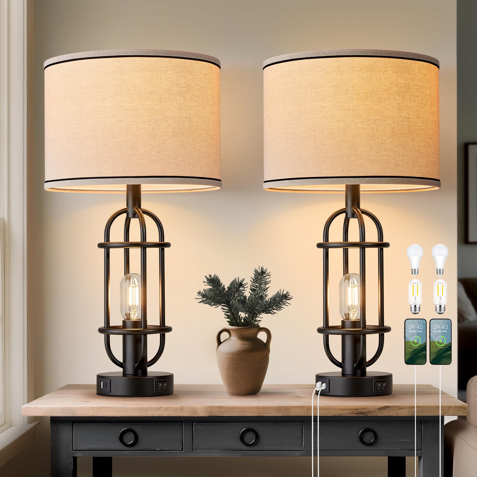 Photo 1 of Reaketon Black Table Lamps for Living Room Set of 2, 22.3" Farmhouse Lamps for Nightstand, Industrial Table Lamps for Bedroom with USB Ports, Bulbs Included