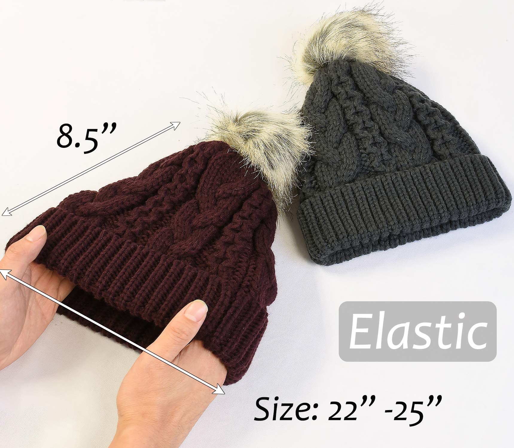Winter Thick Cable Knit Faux Fuzzy Fur Pom Pom Fleece Lined Skull Ski Cap Cuff Beanie