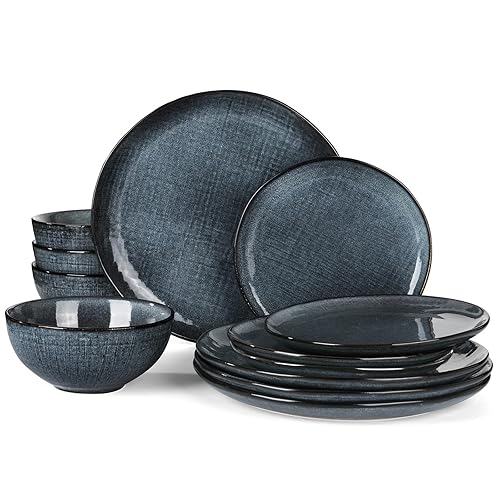 Famiware Moonlight Plates and Bowls Sets, 12 Pieces Stoneware Dinnerware Sets with Linen Finish, Handmade Dishware Set for 4, Microwave and Dishwasher Safe, Chip and Scratch Resistant, Dark Blue