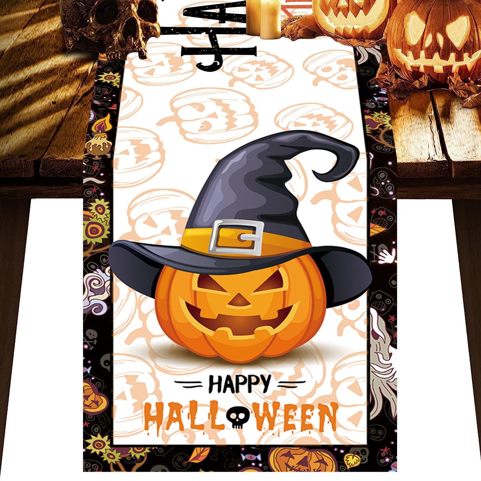 Halloween Pumpkin Table Runner, 72 x 13 Inch Long Big Pumpkin Painting Happy Halloween Decoration, Trick Or Treat Vintage Kitchen Dining Halloween Table decor for Halloween Party Home Party Decor