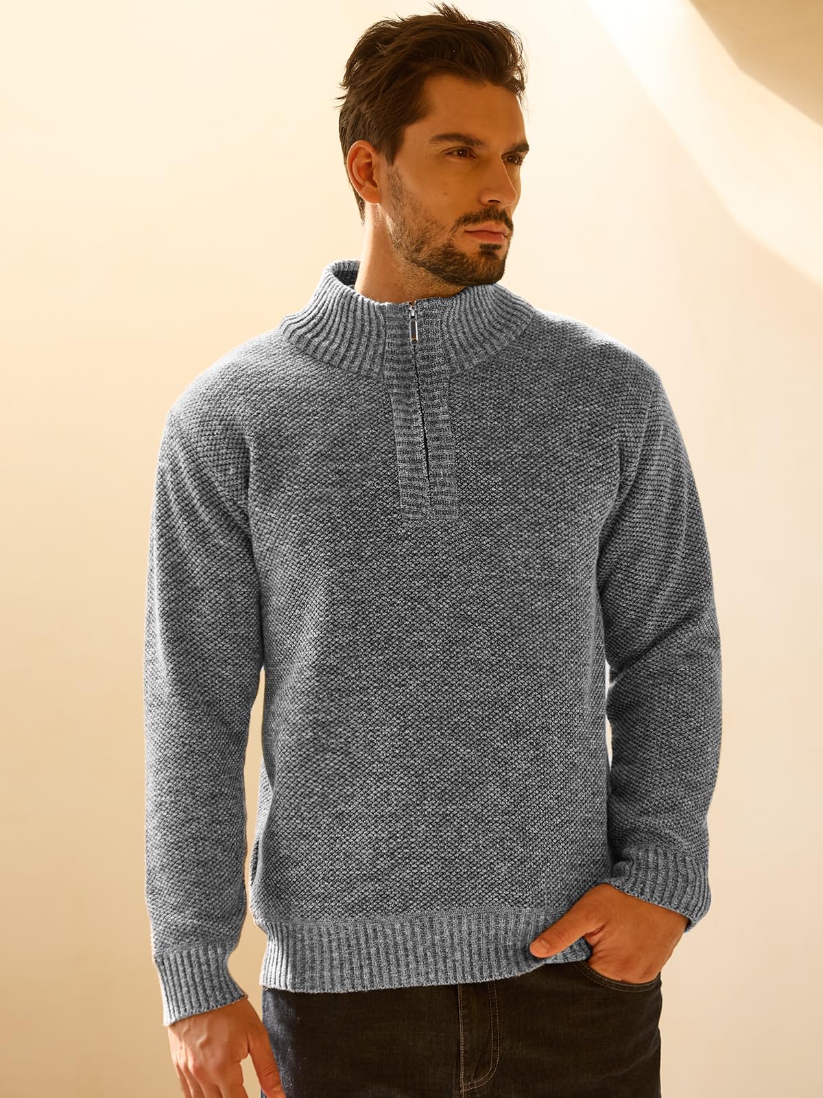 Les umes Herren Viertelreißverschluss Strickpullover Fleecegefütterter Strick Stehkragen Pullover Warm Lichtgrau XL 2