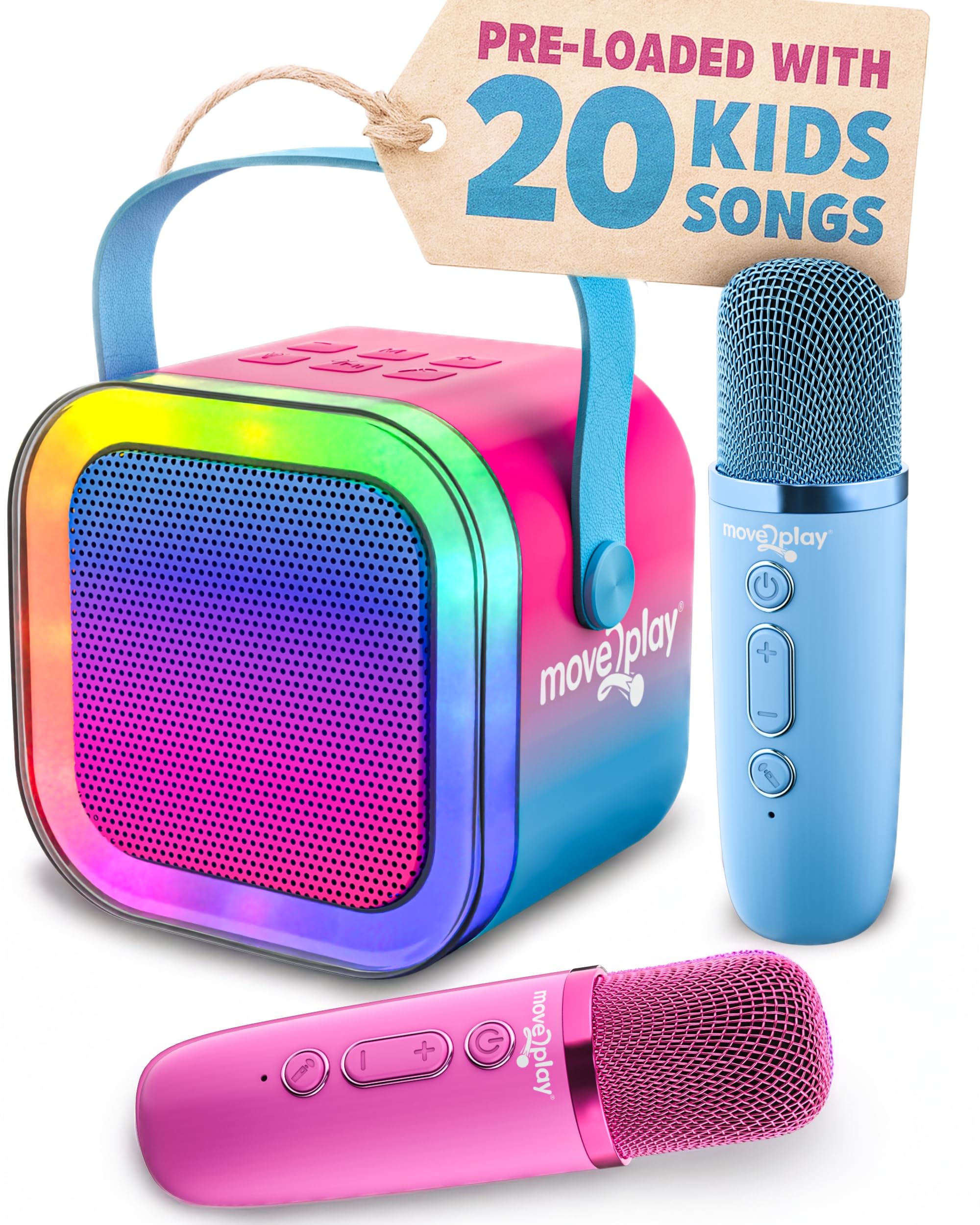 Move2Play, Mini Karaoke Machine for Kids | Built-in 20+ Songs | Bluetooth Speaker with Microphones | Voice Effects | Toddler Music Toy | Christmas Stocking Stuffer | Girls & Boys Age 2, 3, 4, 5, 6+ Image