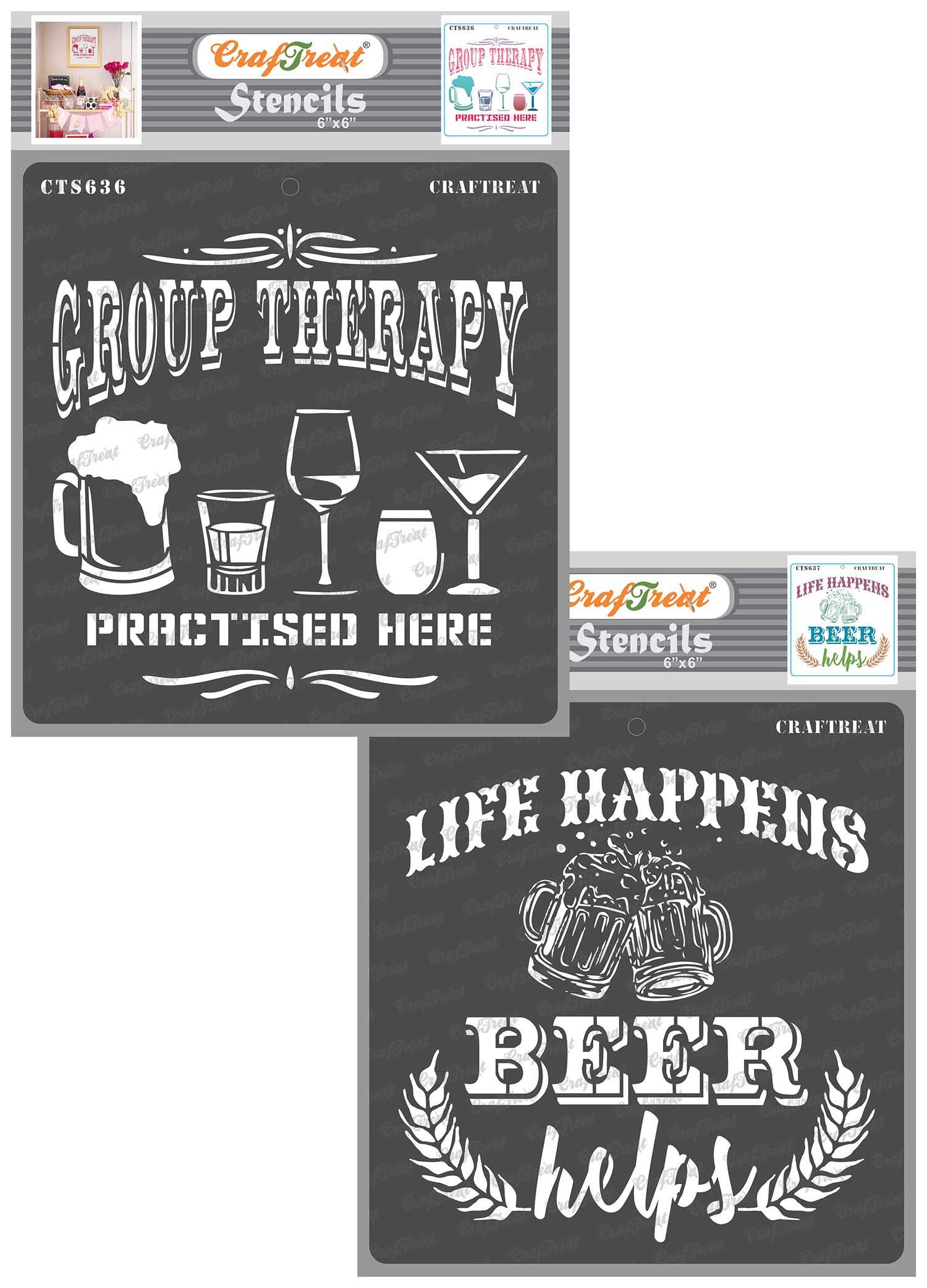 Craftreat Beer Stencils and Templates for Painting on Wood - Group Therapy and Beer Helps Quote Stencil (2 Pcs) - Size; 6X6 Inch - Quote Stencils for Painting on Wood, Canvas, Fabric, Wall and Tile