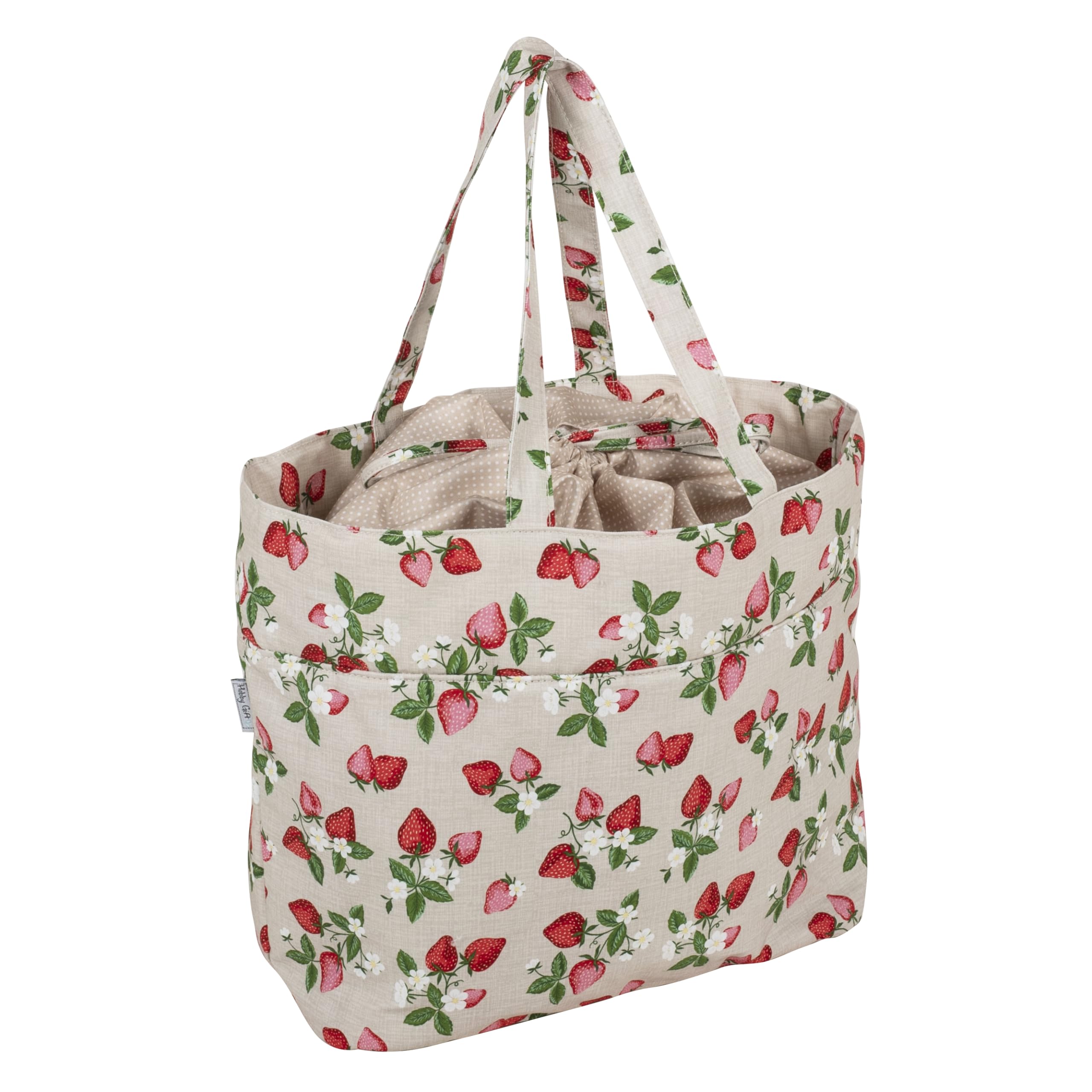 Hobby Gift Drawstring Large Knitting Bag - Crochet Bag Organiser Tote for Craft & Knitting Accessories, 100% Cotton & Multipurpose with Carry Handle for Travel - 39 x 32 x 32cm, Strawberries