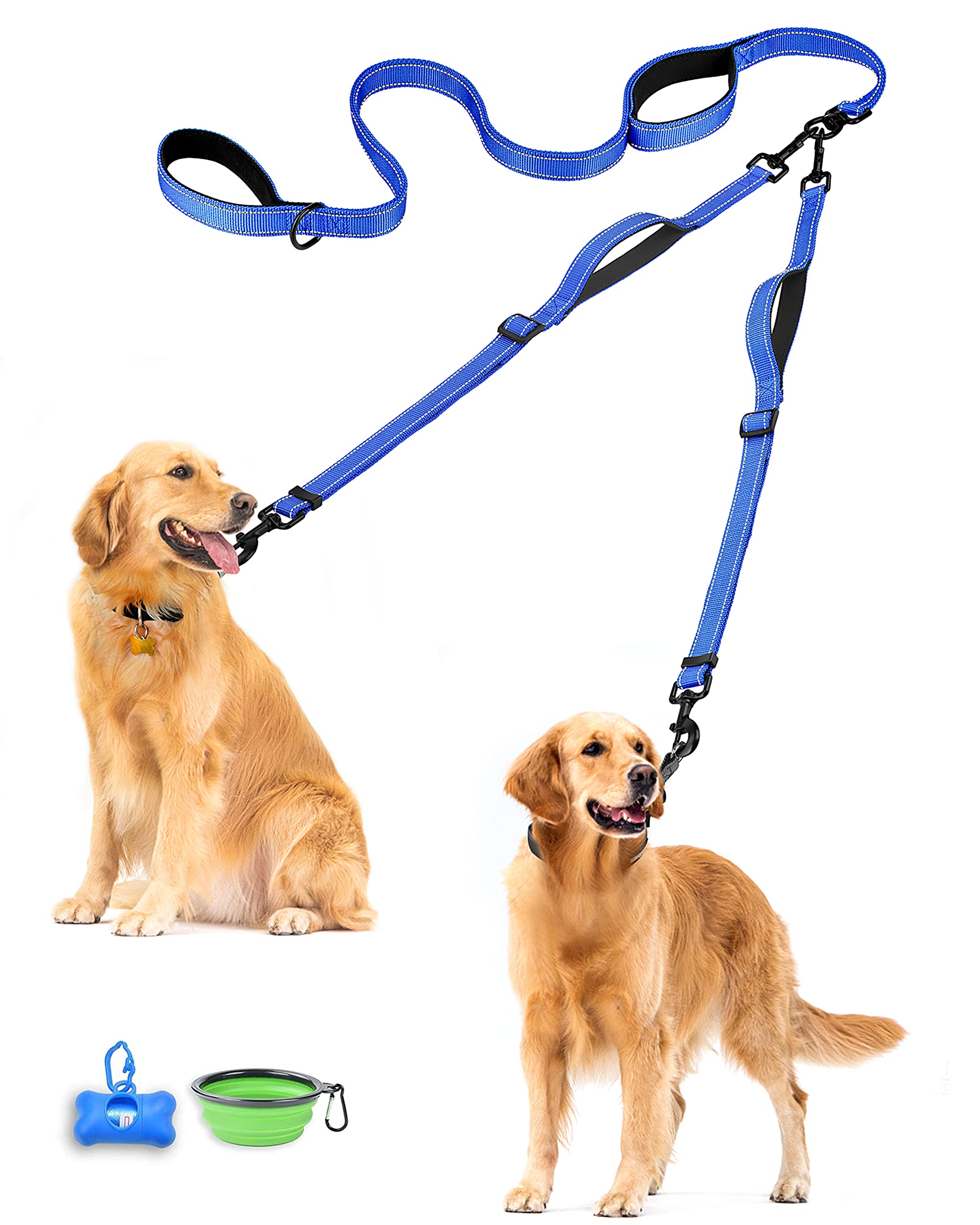 PetBonus Double Dog Leash, No Tangle Dual Leash, Reflective Walking Training Lead, 4 Comfortable Padded Handles for 2 Dogs with Collapsible Bowl and Waste Bags (Blue, Large)