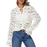 Simlakey Long Sleeve Lace Blouse for Women Dressy Button Down Shirt Crew Neck Eyelet Top Elegant Casual Work Wear
