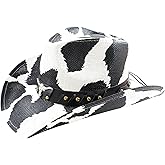 Cow-Print Western Cowboy Hat with Bull-Head Buckle, Adjustable Black-and-White Straw Fedora