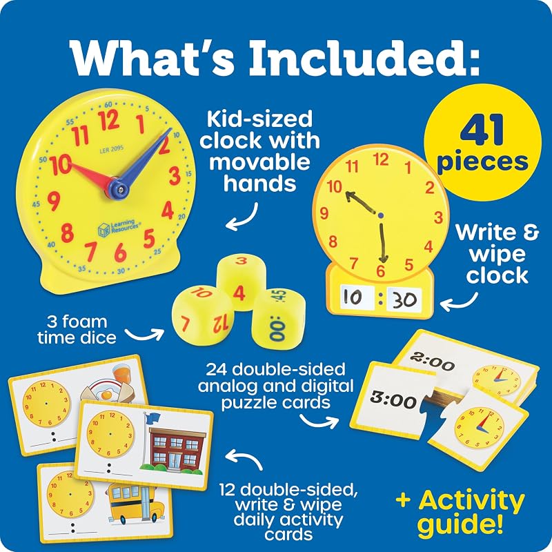 Set attività Sull’Ora – Gioco Educativo con 41 Pezzi per Bambini 5+, Impara a Leggere l’Orologio Analogico e Digitale con Carte e Orologi Didattici