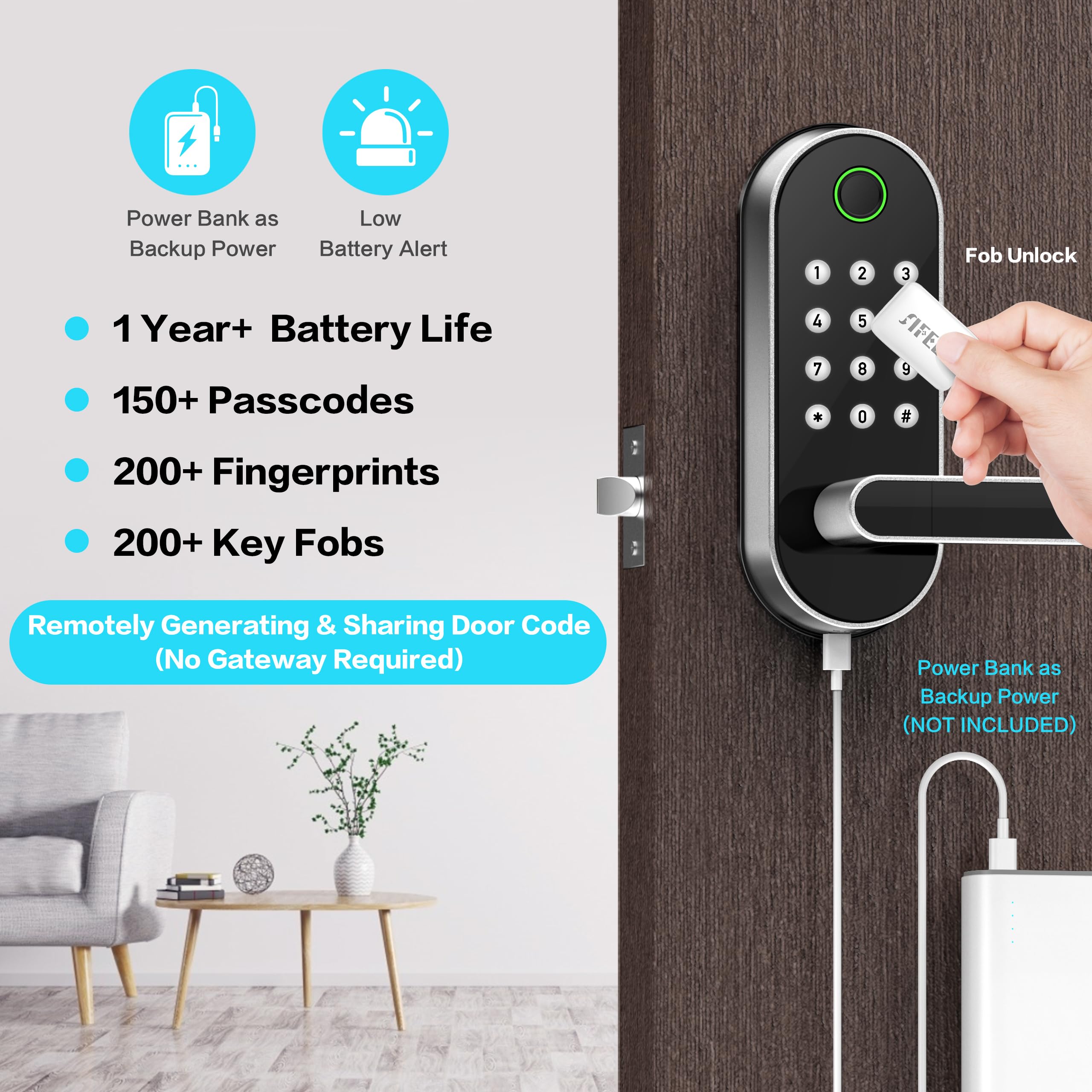 Fingerprint Smart Door Lock with Handle & Keypad – No More Lost Keys, Keyless Entry & Remote Access for Home, Kids, Airbnb & Rental Property, DIY Install, Alexa & Google Compatible - View 3