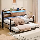 TOLEAD Twin Metal Daybed with Pop Up Trundle, Twin to King Expandable Bed Frame with Storage Headboard &amp; Charging Station, Heavy Duty Day Bed for Bedroom or Guest Room, Rustic Brown