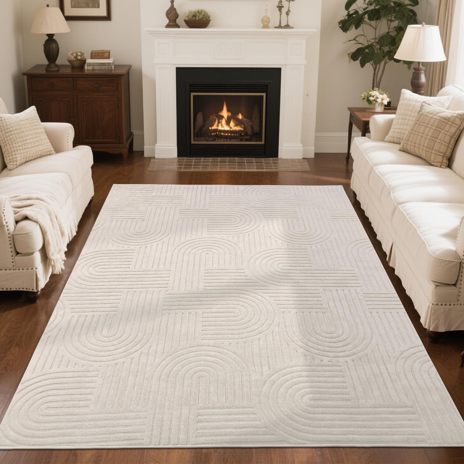 Photo 1 of SHACOS Soft Cozy Fluffy Arch Pattern High-Low Pile Textured Area Rug 5'3"x7'3" Non Slip Washable Modern Geometric Rug Stain Resistant Contemporary Carpet for Living Room Bedroom Dining Room, Beige