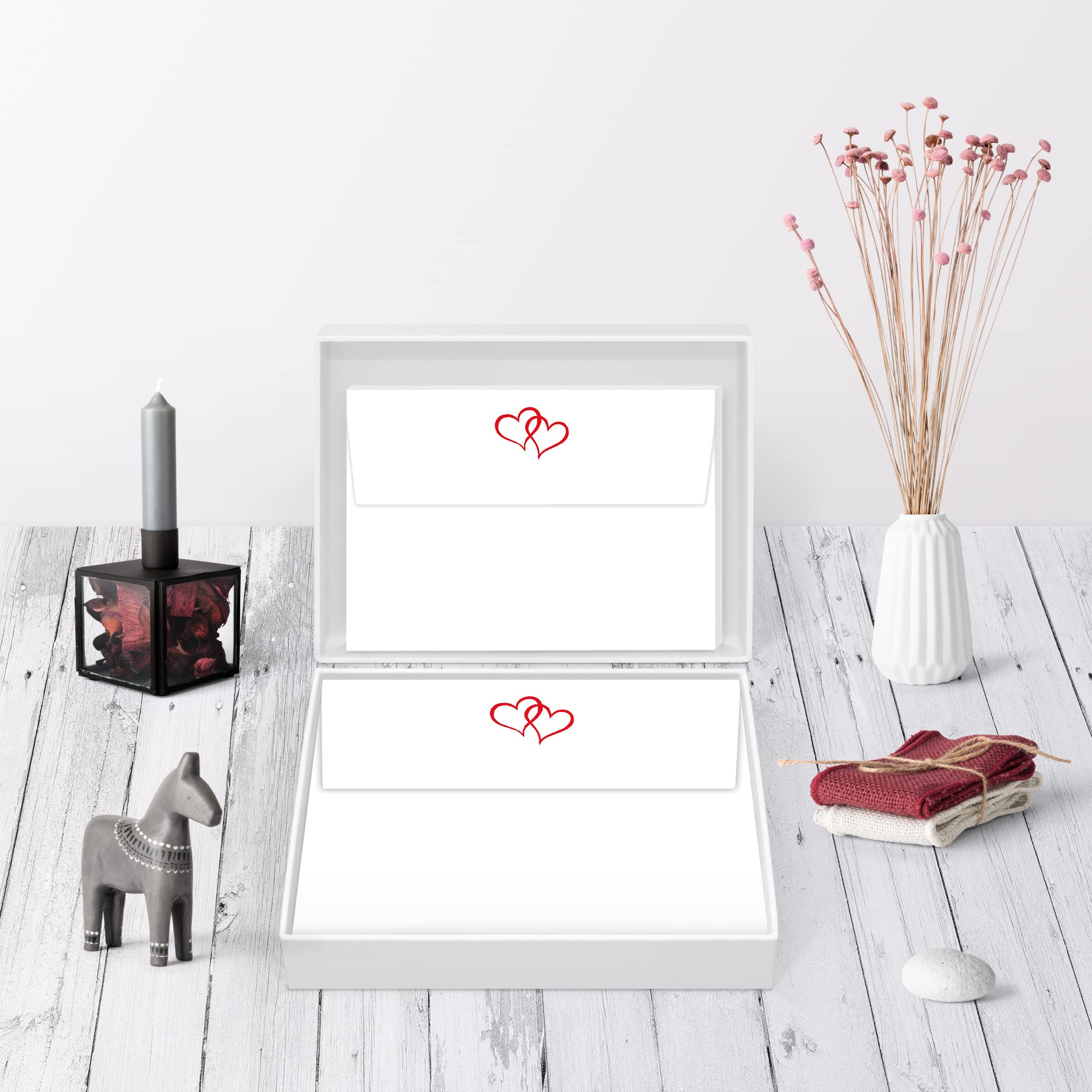 Me Loovely Double Red Love Heart Flat Notecard and Envelopes Sets Stationery Correspondence Note Card A6 Size Notecards Writing Supplies for Home Office & Christmas Gifts (Pack of 20)