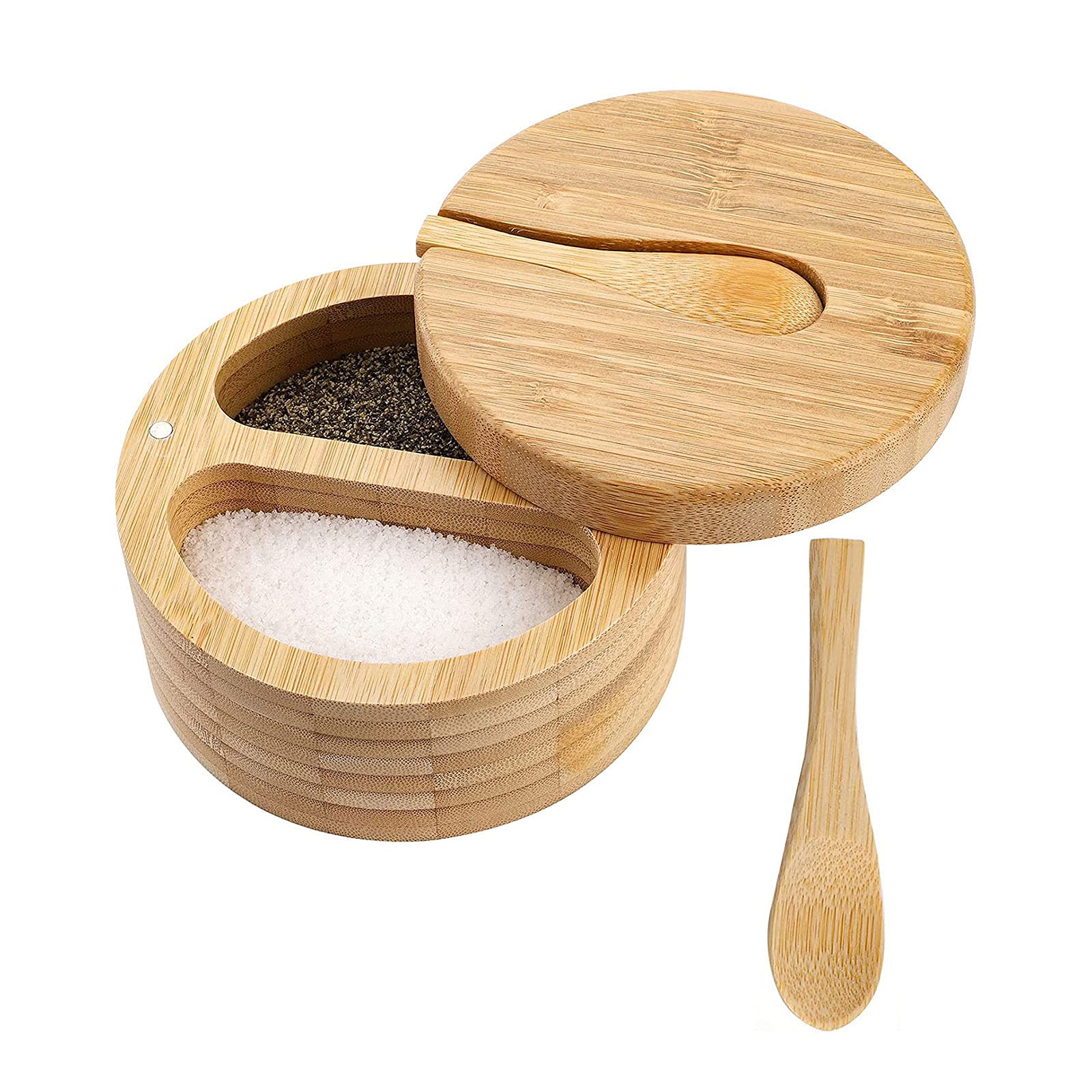CDIYTOOL Bamboo Seasonings Box with Spoons, 2-Compartment Bamboo Salt and Pepper Box with Swivel Magnetic Lid, Kitchen Spice Cellars Container for Salt Pepper Sugar Spice