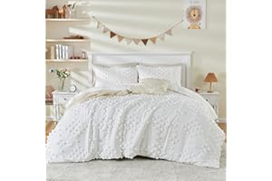 VIVILINEN 3-Piece Boho Tufted Dots Kids Bedding Set for Girls Jacquard Pom Pom Tufts Embroidery Bed-in-a-Bag Bohemian Kids Comforter Set for Boys with Comforter, 2 Pillowcase (White, Full)