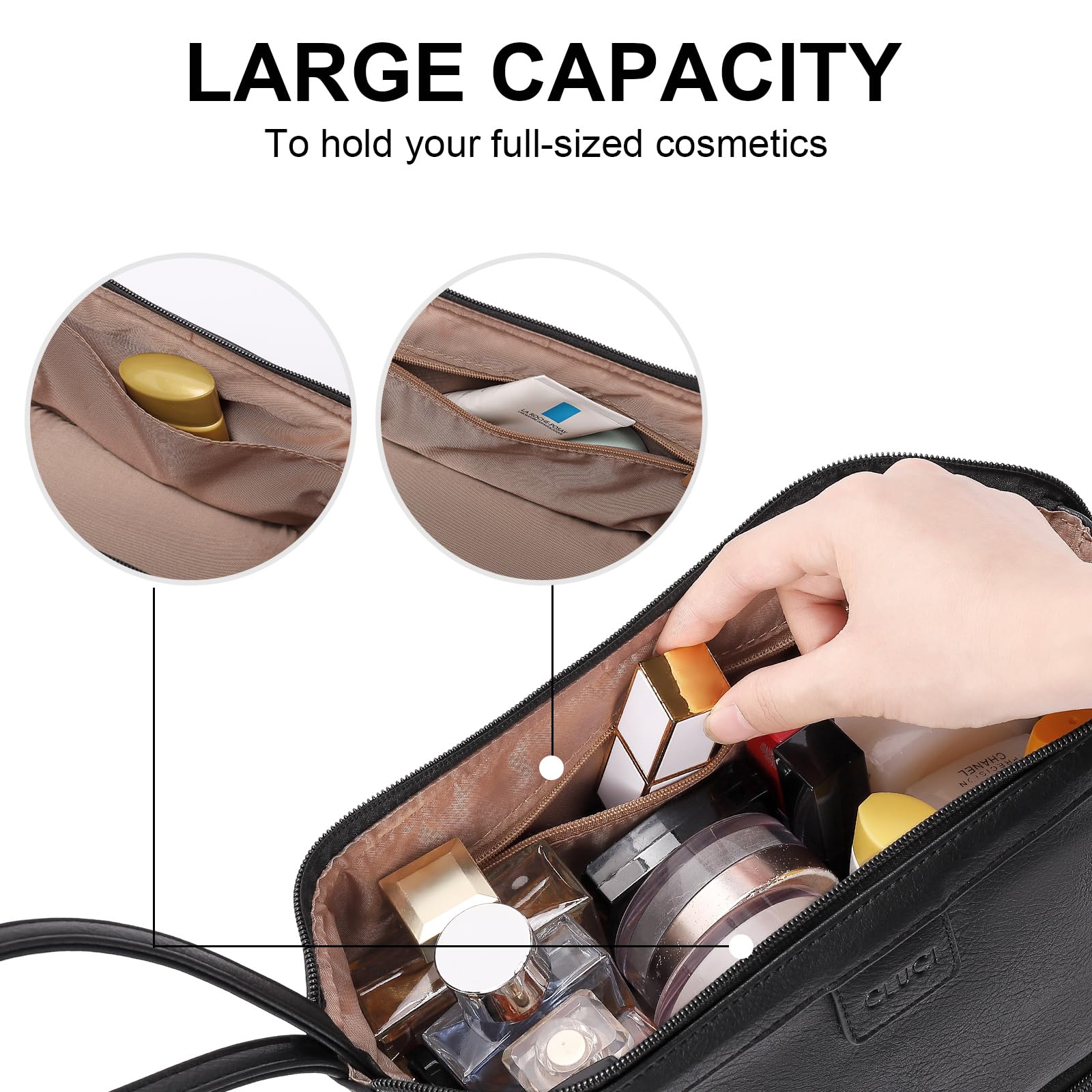 CLUCI Travel Makeup Bag, Double Layer Cosmetic Bag for Women, Large Capacity Makeup Organizer, Portable PU Leather Cosmetic Travel Bags,Water-resistant Traveling Toiletry Bag for Women and Girls