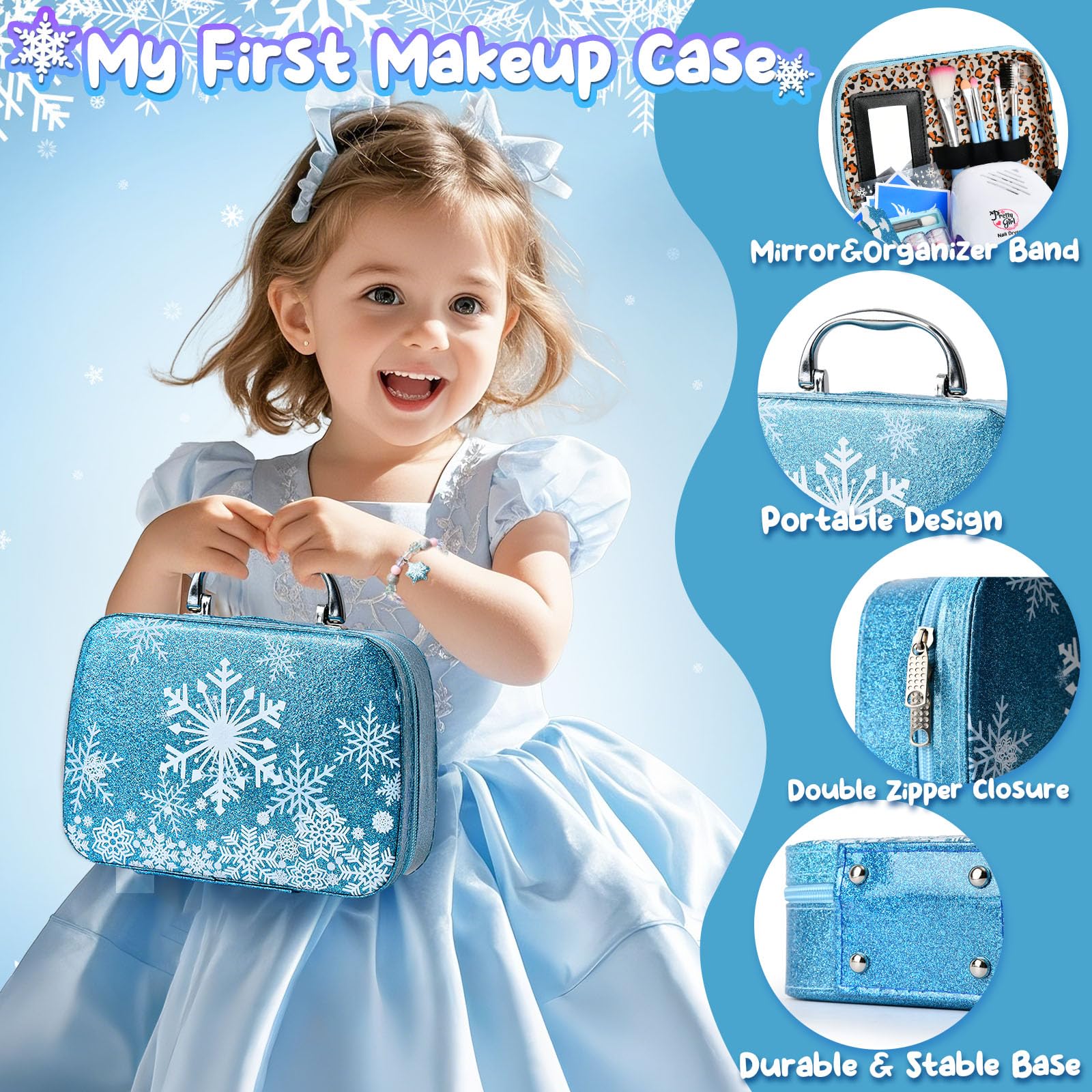 G.C ELSA Spielzeug Geschenke für Mädchen 4 5 6 7 8 Jahre, Kinderschminke Set mit Nageltrockner Peel-Off Nagellack Glitzer Tattoo, Eiskönigin Schminkkoffer Nagelstudio Rollenspiel Spielzeug Mädchen 4