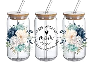 DTHOME3 UV DTF Glass Cup Wrap Transfer - Gift for mom, Mom Strong Important Beautiful Worthy Loved with Flower UVDTF, Waterproof Decal for 16oz Glass Cups, Gifts for Mother Day- 3PCS