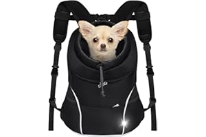 YUDODO Dog Front Carrier Backpack, Adjustable Breathable Pet Carrier for Small Dogs, Ventilated Puppy Back Pack with Safety Belt, Lightweight Doggy Backpack for Hiking Outdoor (Jet Black, M)