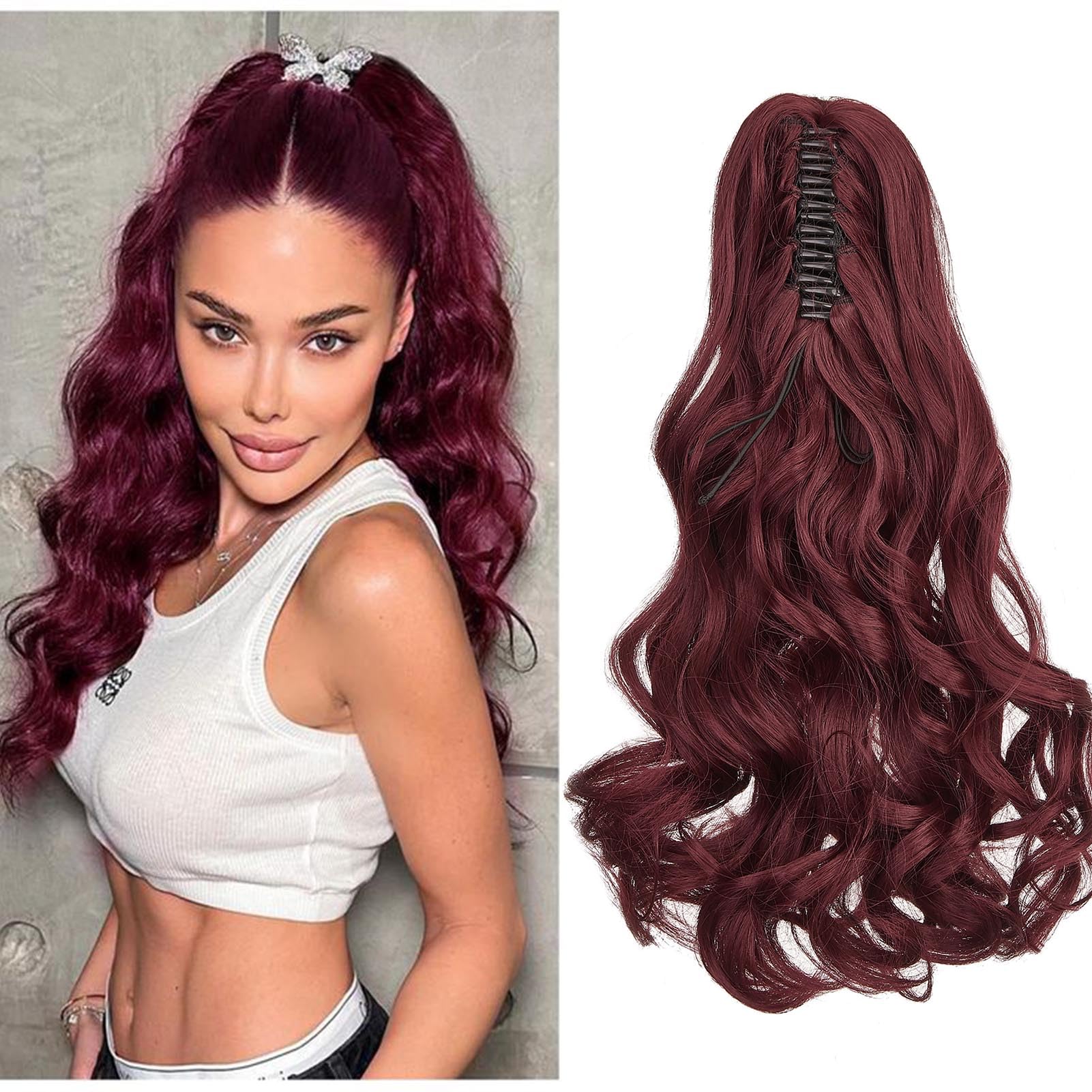 Cybelleza Ponytail Extension Curly Wavy Claw Jaw Pony Tail 18" One Piece Clip in Hair Extensions Ponytail Hairpiece Synthetic Long Natural for Women, Wine Red