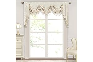 Loom and Mill European Elegant Waterfall Valance for Living Room, Luxury Jacquard Frame Swag Valances with Tassels, Beige Gold Floral Swag Curtains for Bedroom Window Holiday Decor(W79 Inch,1 Panel)