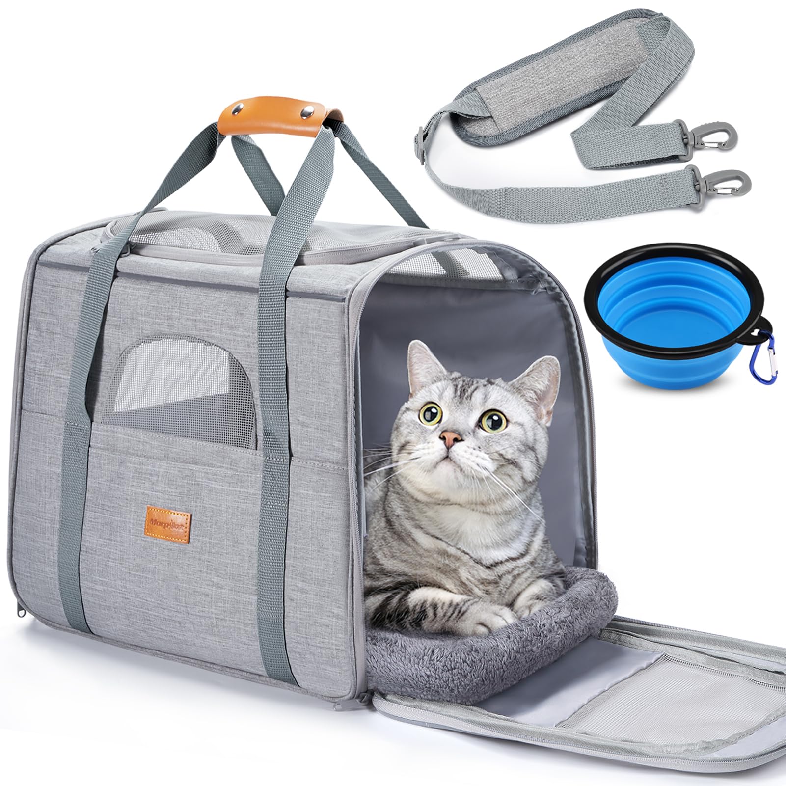 Morpilot Cat Carrier - Airline Approved, Top Opening Portable Dog Bag with Breathable Mesh/Removable Mat, Adjustable Shoulder Strap & Bowl, Foldable Travel Cage, M, Light Grey (Max 7kg)
