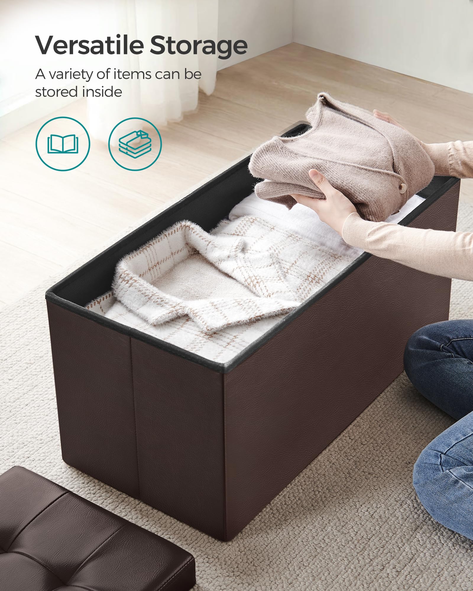 SONGMICS MAZIE Collection - 30 Inches Storage Ottoman Bench with Flipping Lid, Storage Chest Footstool, Load 660 lb, for Entryway, Living Room, Bedroom, Synthetic Leather, Brown ULSF45BR - Image 7