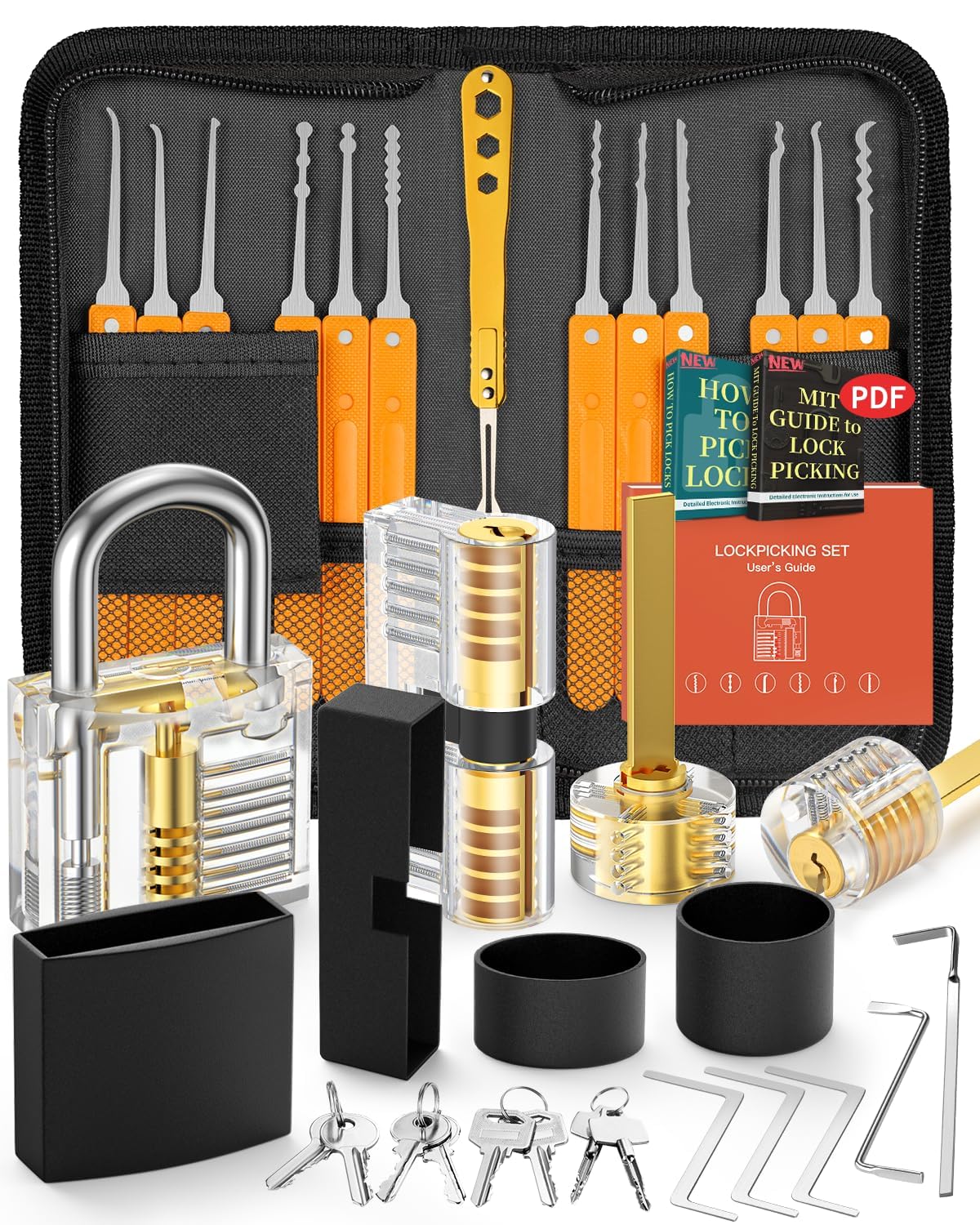 Eventronic Lock Picking Kit, 36-Piece Lock Pick Set with 4 Transparent Training Locks and Manual and Zip Case for Lockpicking, Extractor Tool for Beginner and Locksmith Training(Orange)