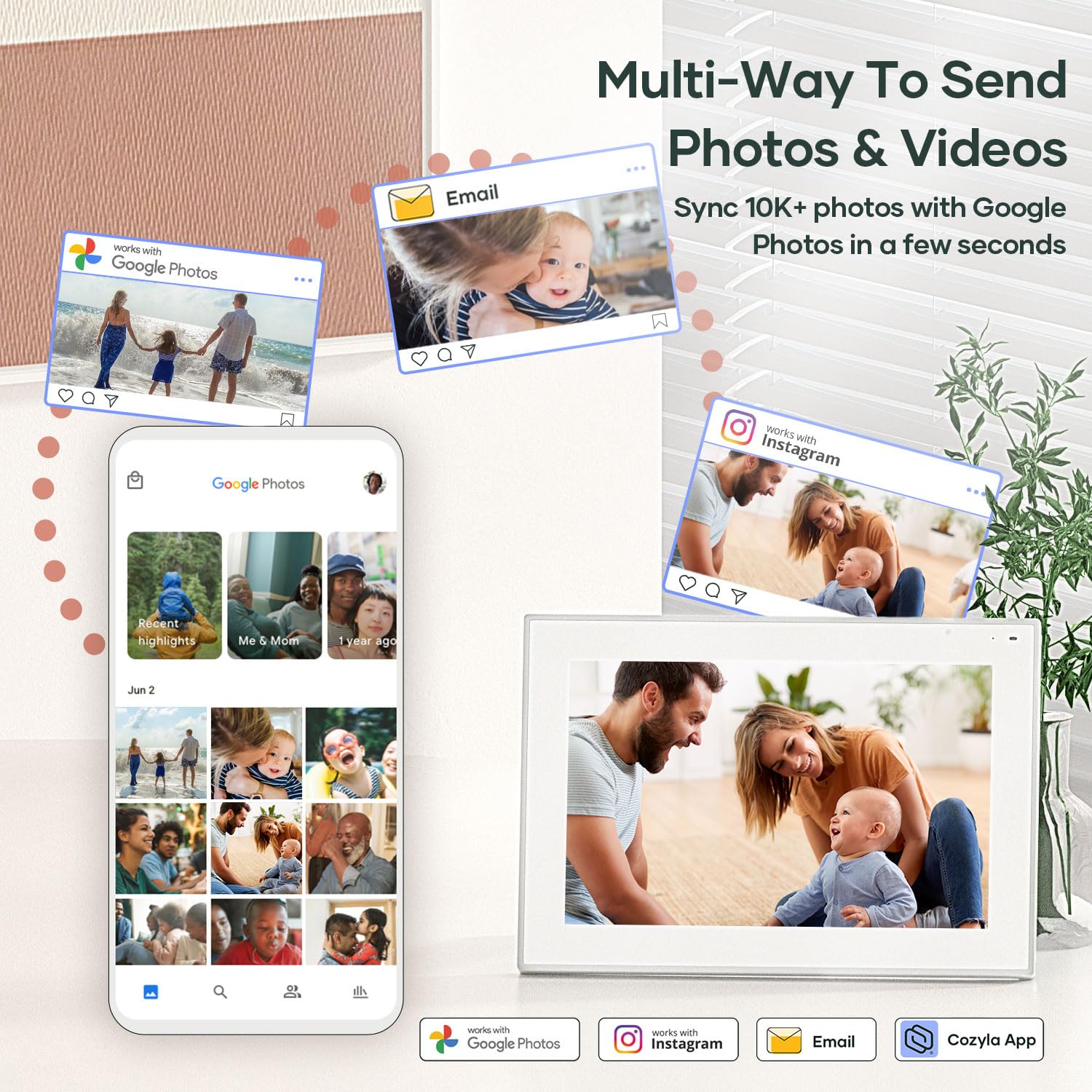 Cozyla Digital Picture Frame 10.1 Inch Share Photos and Videos via Email Google Photos Instagram App Smart Digital Photo Frame WiFi Free Unlimited Storage Built-in Alexa Electronic Picture Frame White