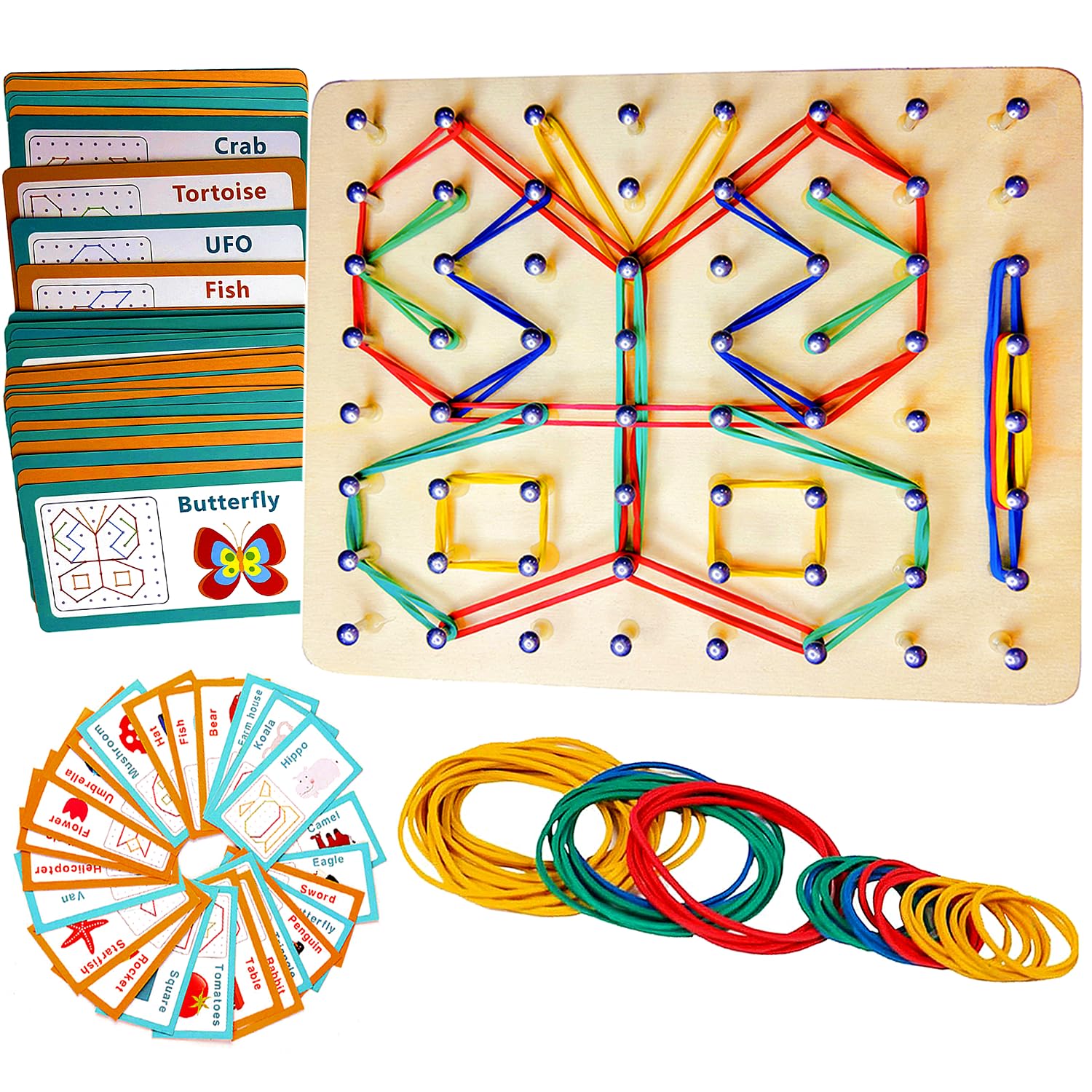 Miyobing Wooden Geoboard Set - Montessori Toy, Graphical Mathematical Education Toy for Kids with 30 Pattern Cards and 50 Rubber Bands to Create Figures and Shapes, Brain Teaser STEM Toy Geo Board