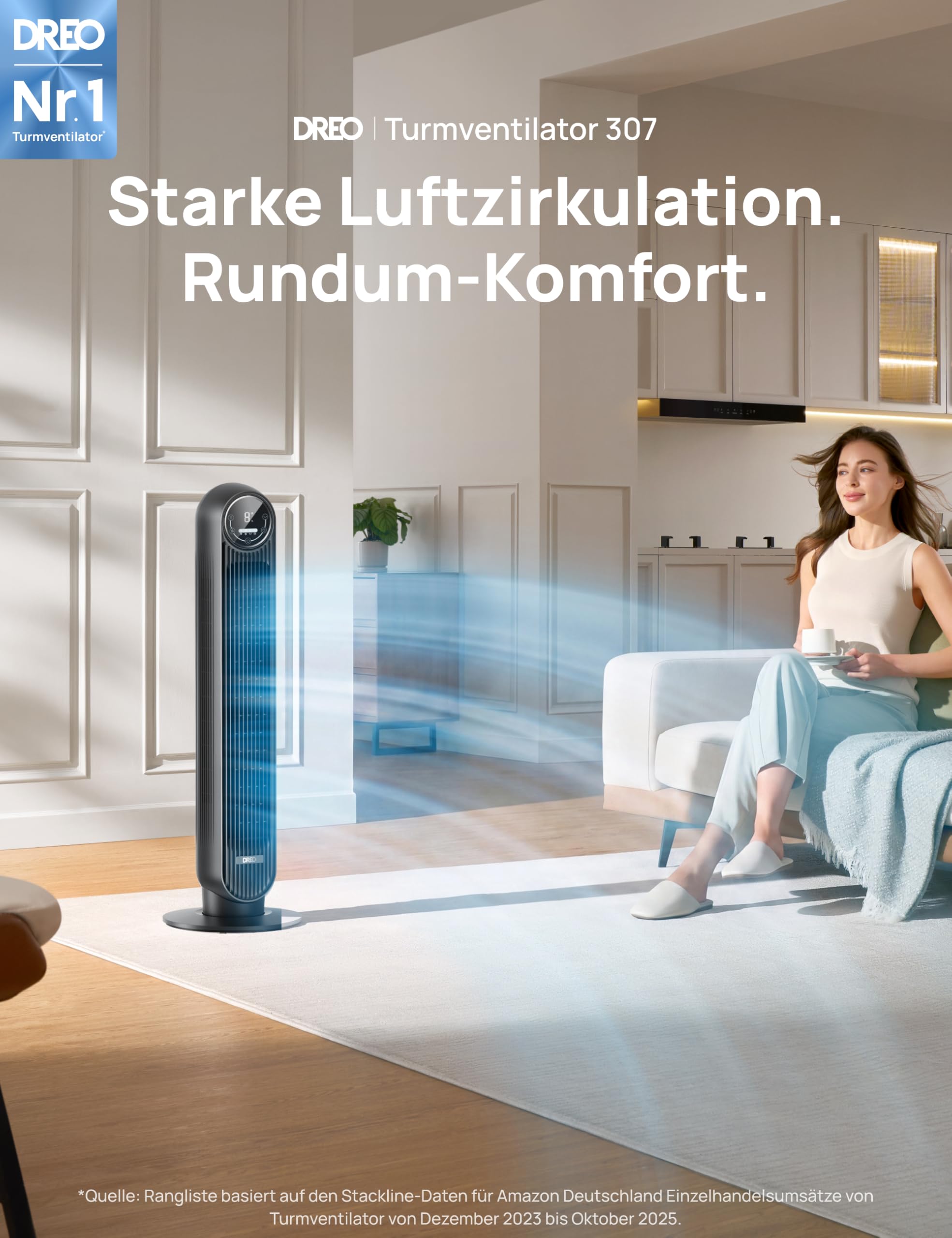 DREO Leiser Turmventilator, 10 m Wurfweite 4 Geschwindigstufen 4 Modi 8 Std. Timer 90° oszillierende Ventilator mit Kühlung Fernbedienung für Schlafzimmer,Turmventilator 307, Schwarz 3