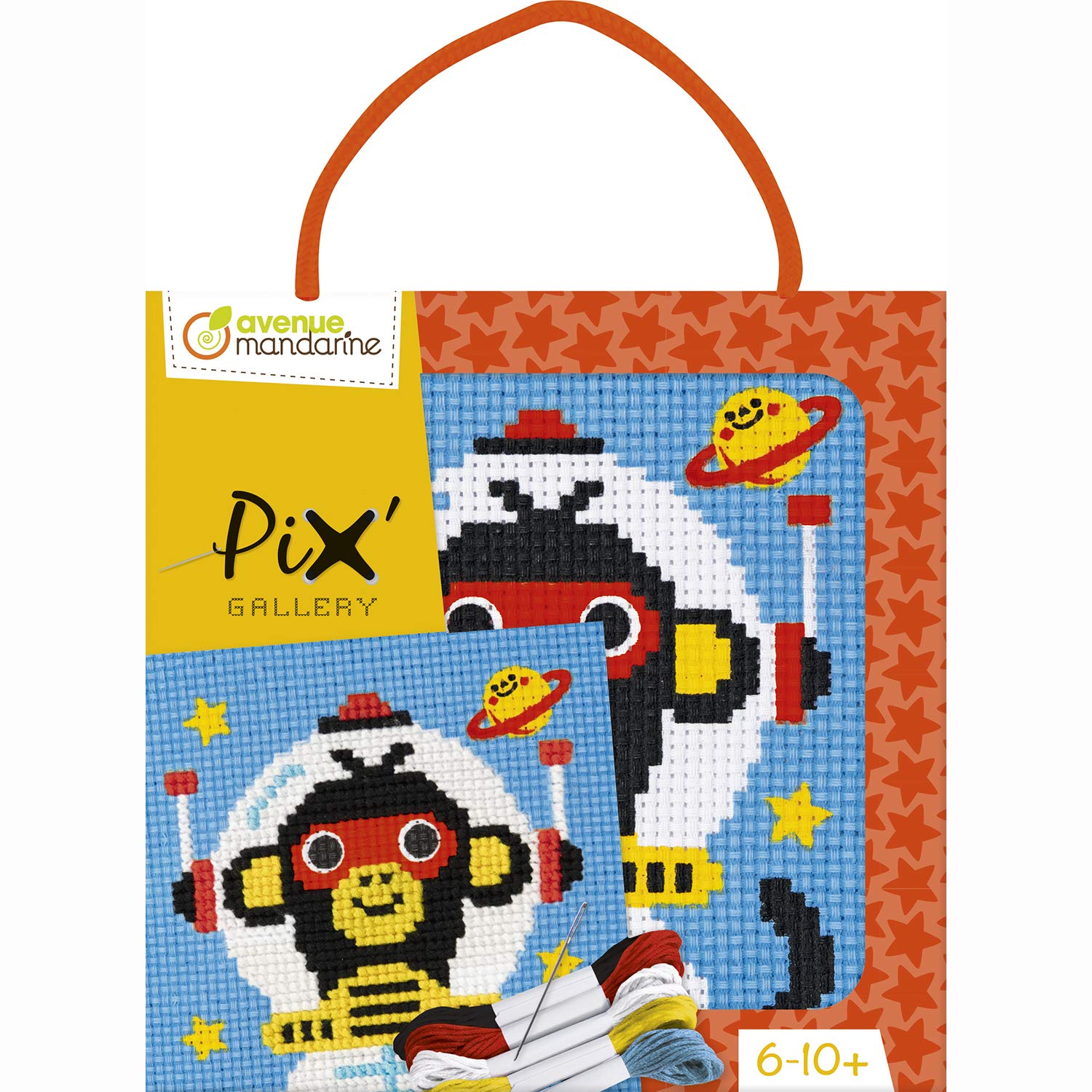 Avenue Mandarine - Ref KC121C - Pix Gallery Box Cross Stitch Painting - Monkey Astronaut Design - 127 x 127mm Printed Fabric, Frame Included, Suitable for Ages 6-10+