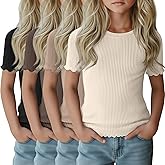 LessonZoo 4 Pack Girls Short Sleeve Tops Ribbed Cotton Lettuce Trim T Shirts Crew Neck Cute Basic Tees for Kids Teen 5-14Y