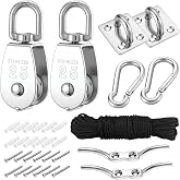 2 Sets M25 Cable Pulley System for Heavy Duty Lifting with 66FT Nylon Rope | Stainless Steel Single Pulley Block,Hanging Nylon Rope Pulley Wheel,Snap Hooks, Eye Pad Plate, Rope Cleat Hook, Loading 330lb