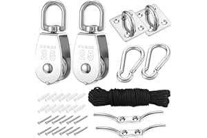 Mornajina 2 Sets M25 Cable Pulley System for Lifting Hanging, Including Heavy Duty Stainless Steel Single Pulley Block with 66FT Nylon Rope, Snap Hooks, Eye Pad Plate, Rope Cleat Hook, Loading 330lb