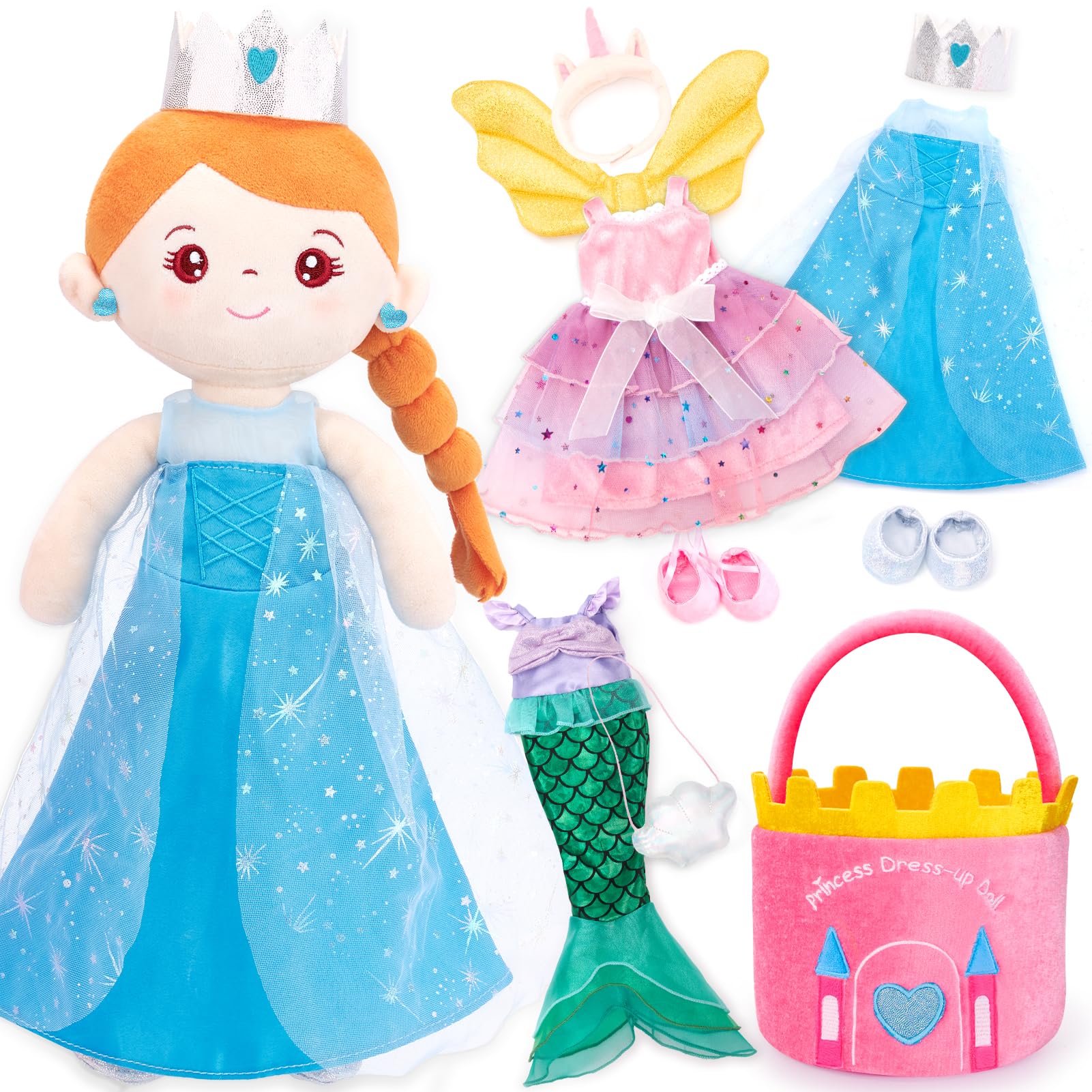 Hahaland Dress Up Doll Playsets – Princess, Mermaid & Unicorn Toys for Girls Ages 4-6, Plush Doll with 3 Outfits and Carry Bag, Cute Fairy Ballerina Toys, Ideal 4 Year Old Girl Birthday Gifts